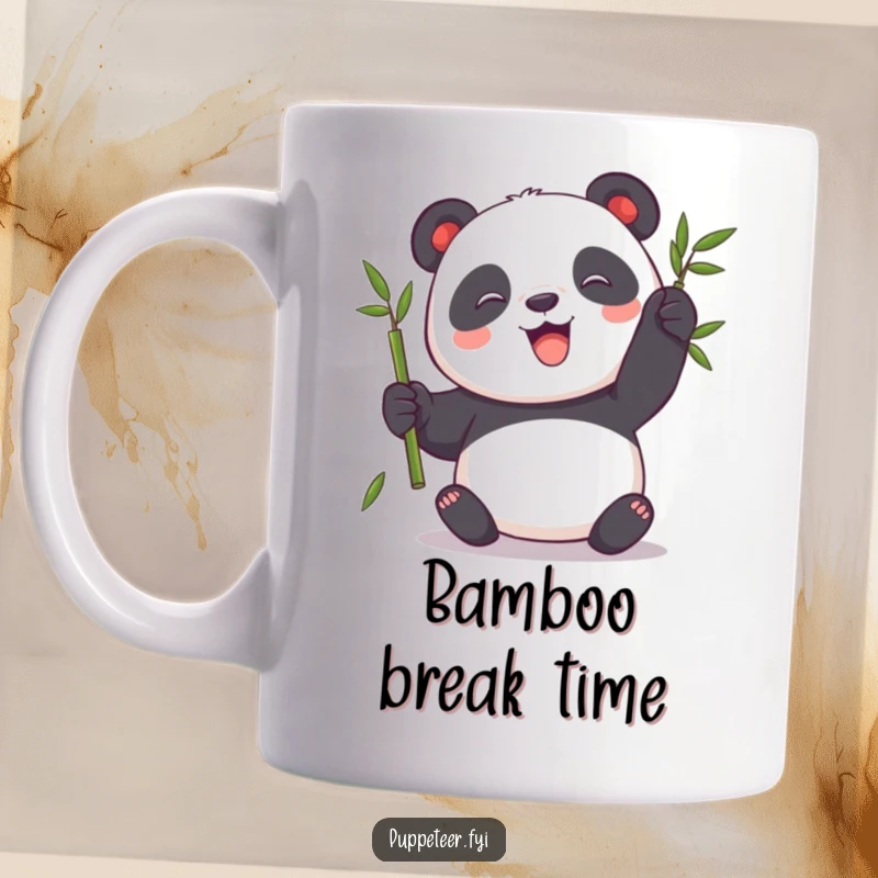 Funny Panda Mug featuring a playful panda making a bamboo stalk puppet sway back and forth with joy and amusement.