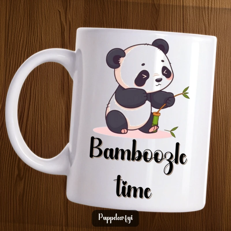 Funny panda mug art of a playful panda gently manipulating sticks to animate a small bamboo puppet, capturing a humorous moment.