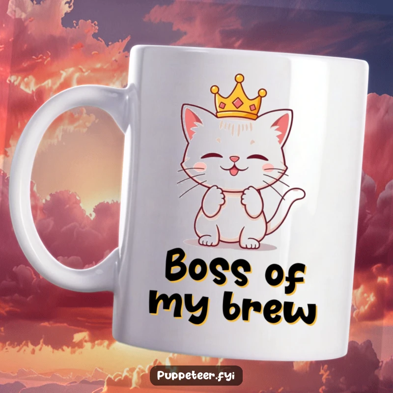 Funny mug featuring a mischievous cat wearing a tiny crown, playfully tugging on invisible strings with a sly expression.
