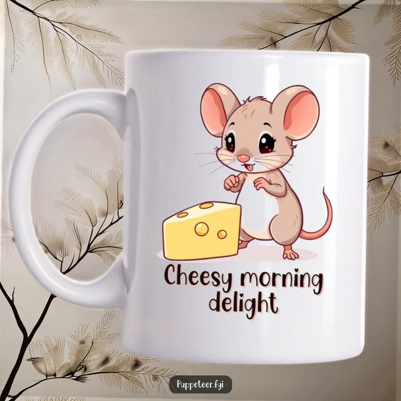 Funny Mouse Mug featuring a determined mouse skillfully guiding a cheese-shaped puppet with focus and precision.