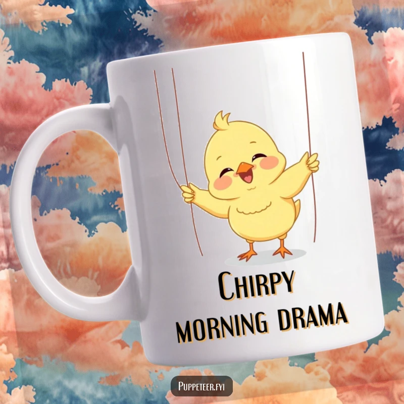 Funny chick puppet mug: a giggling chick enthusiastically wiggles puppet strings, delighting a small, captivated audience with its performance.