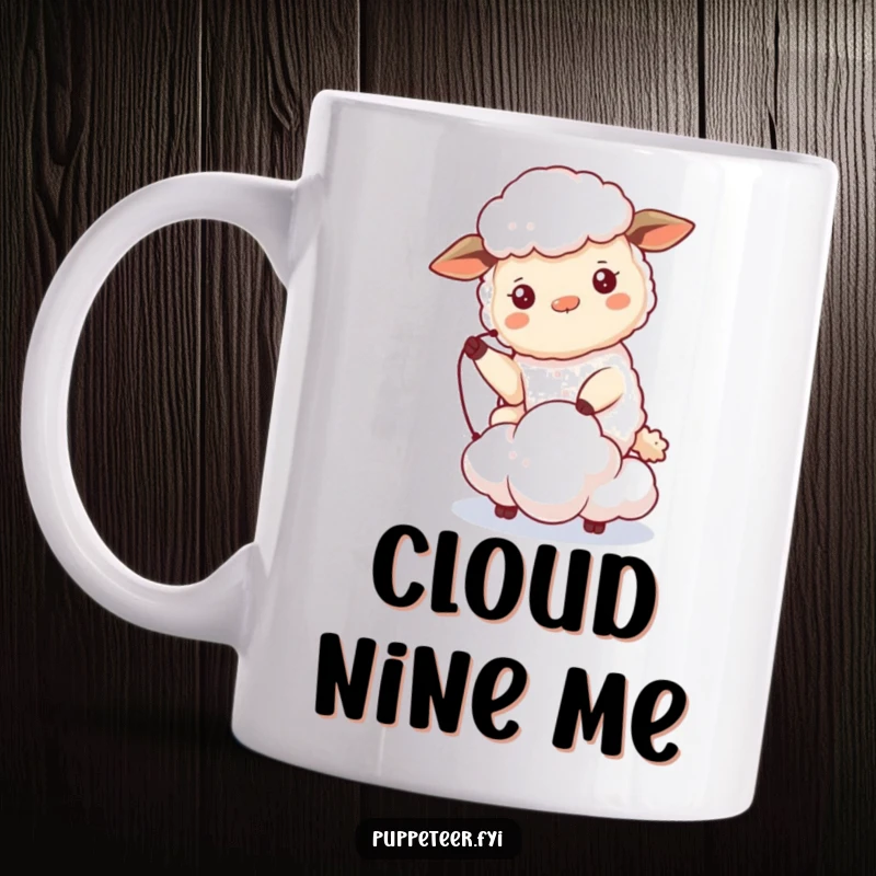 Funny sheep mug art of a beaming sheep controlling a tiny cloud puppet that drifts serenely, capturing a humorous and imaginative moment.