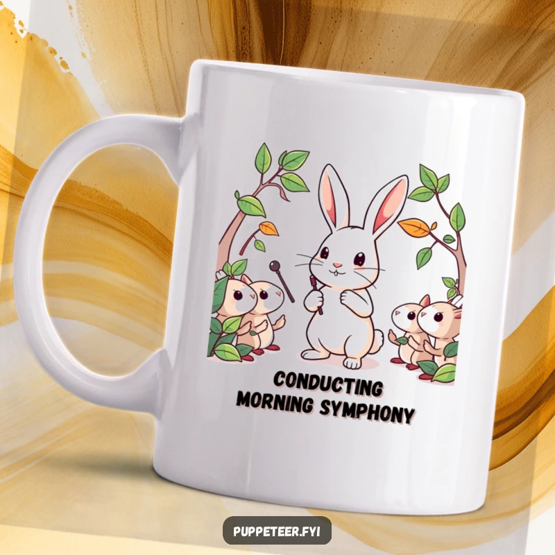 Funny rabbit mug featuring a determined conductor rabbit leading a charming troupe of leaf puppets with a tiny baton.