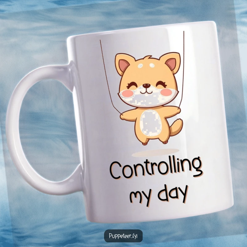 Funny Mug: A playful animal character expertly manipulates two strings to make a small puppet dance and jump with delight.