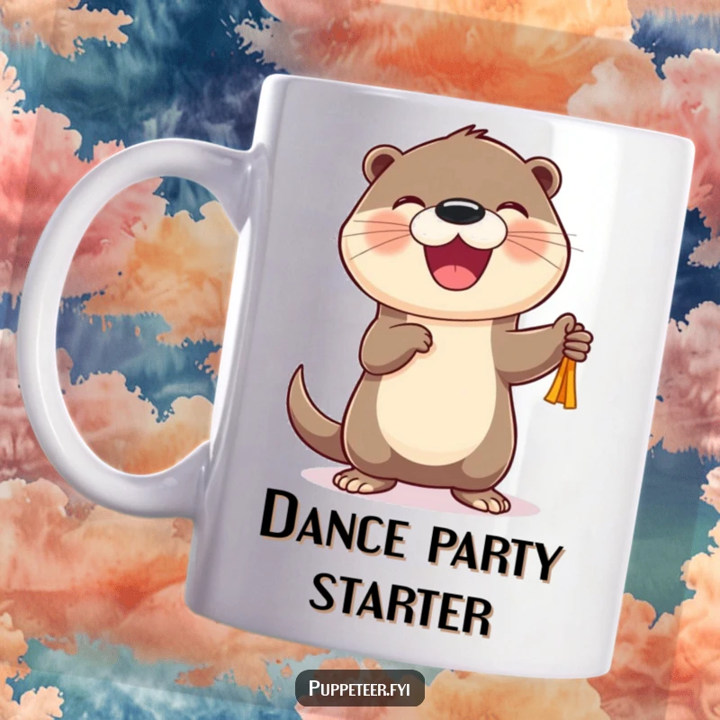 Funny Otter Puppet Dancer Mug featuring a cheerful otter character joyfully making a small puppet dance, a humorous gift.