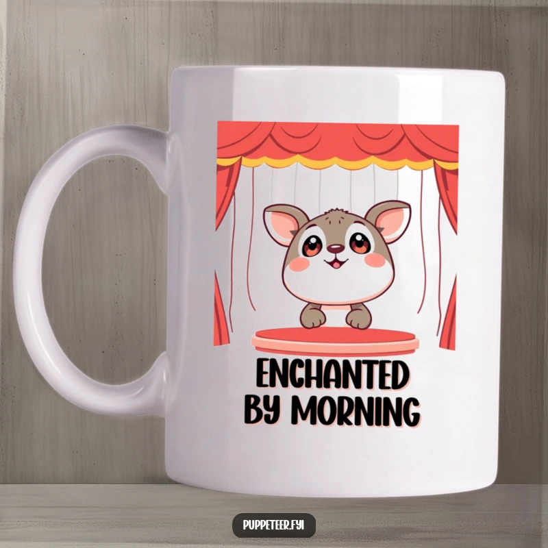 Funny Mug: A happy animal with wide eyes gazes up in awe at an unseen, lively puppet show, full of wonder.