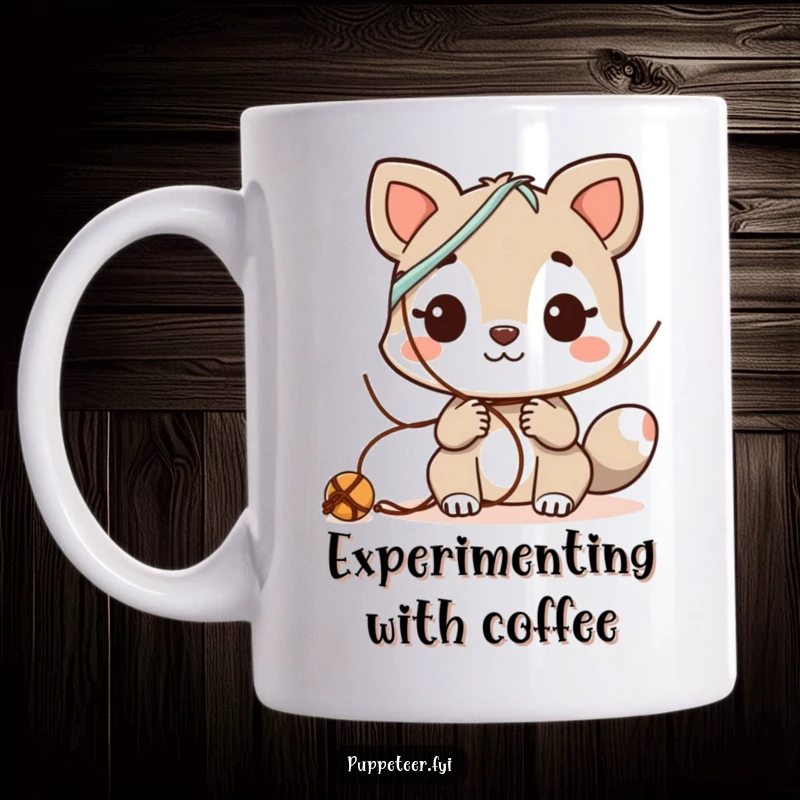 Funny Mug: Curious animal character intently experimenting with various string combinations, exploring new possibilities with humor.