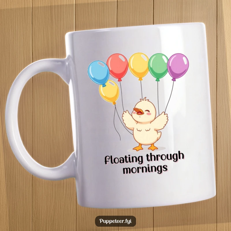 Funny giggling duckling mug waving strings connected to several colorful balloons, radiating infectious happiness and fun.