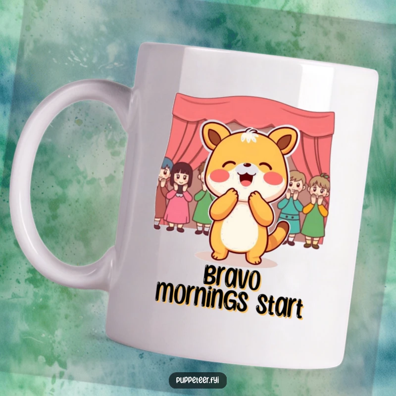 Funny Mug: Joyful animal character bowing gracefully to an applauding puppet audience, a humorous celebration of performance.