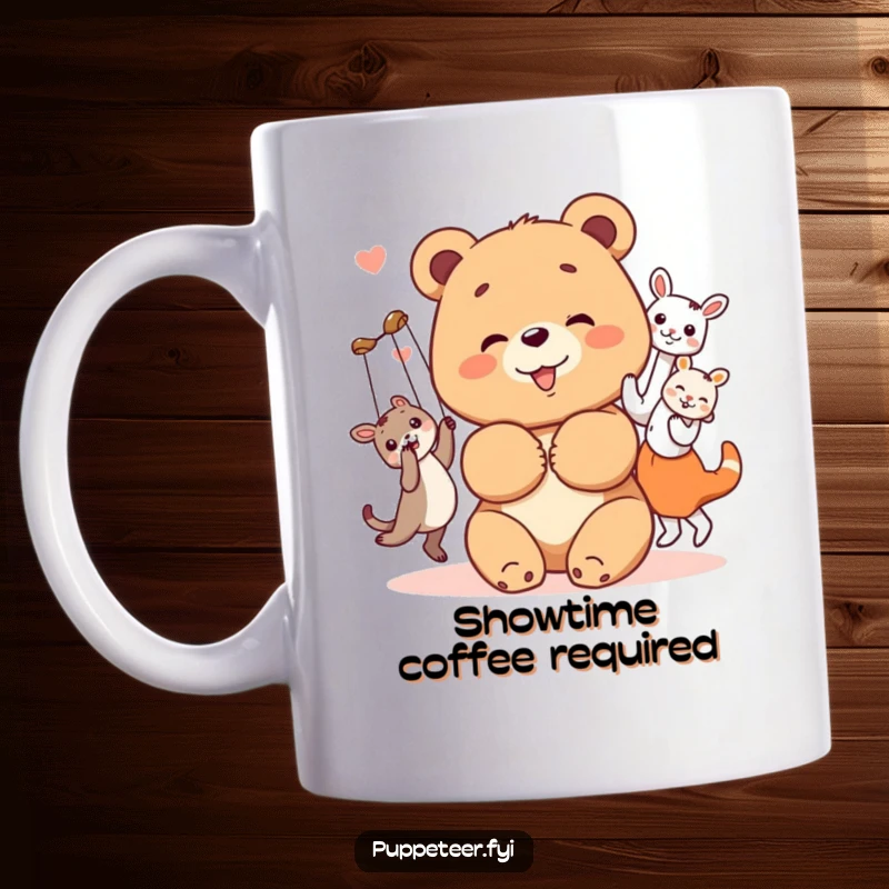 Funny bear cub mug with a cheerful bear cub bowing with its happy, dancing animal puppets, a delightful and humorous design.
