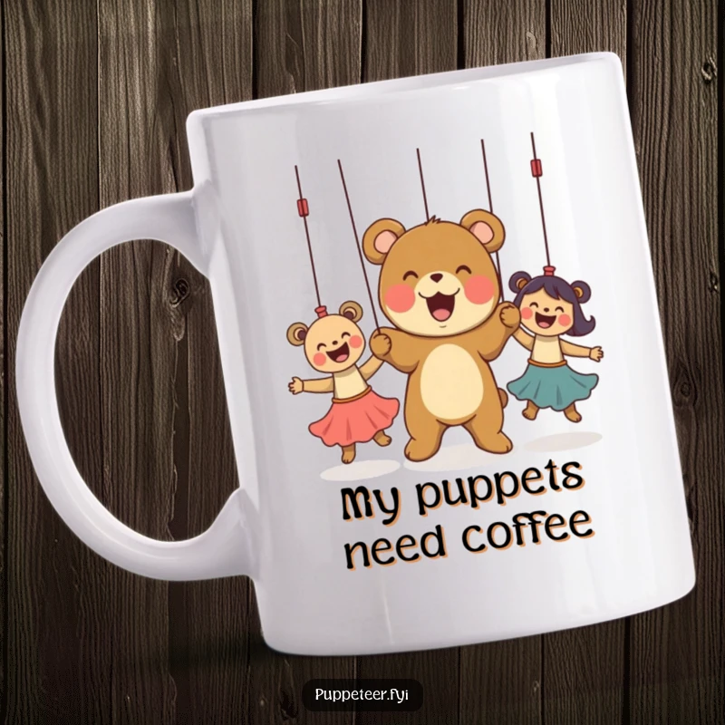 Funny Mug depicting a delighted bear cub expertly pulling strings attached to three joyful, dancing puppets.