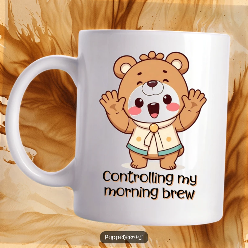 Funny bear puppet master mug showing a cheerful bear waving hands, controlling a dancing puppet with humor.