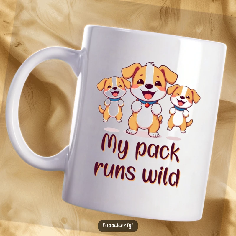 Funny mug of a bouncy dog joyfully operating two energetic dog puppets with great enthusiasm.