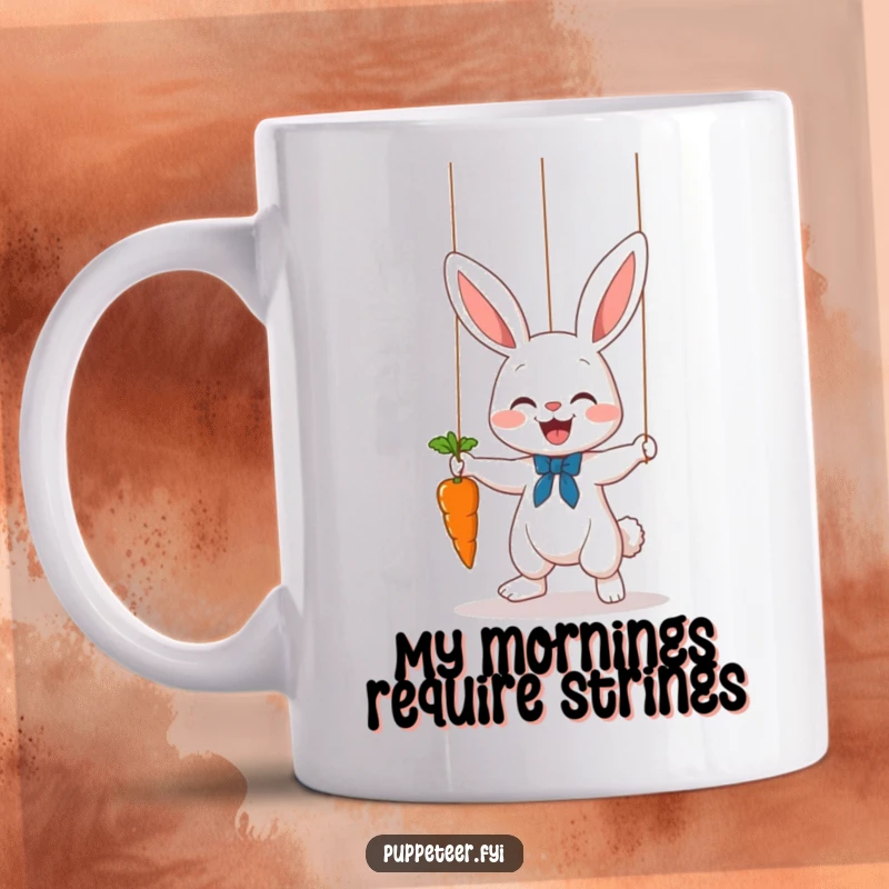 Funny bunny puppet master mug with a cute rabbit making a carrot dance on a string, showcasing playful joy and whimsical fun.