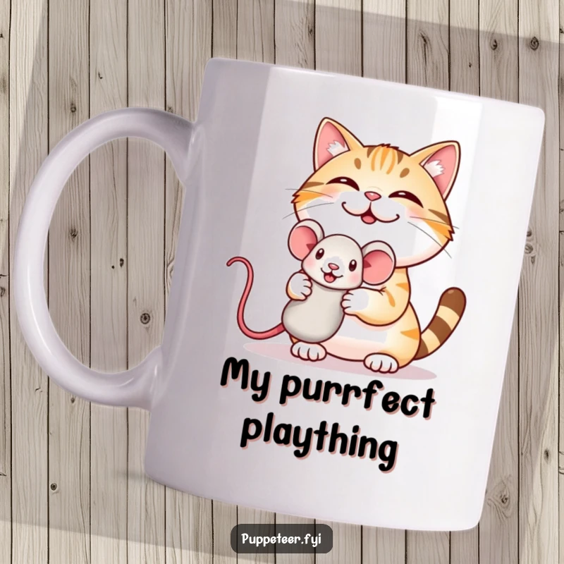 Funny mug with a giggling cat holding up a small, bouncing mouse puppet, creating a humorous scene of feline play.