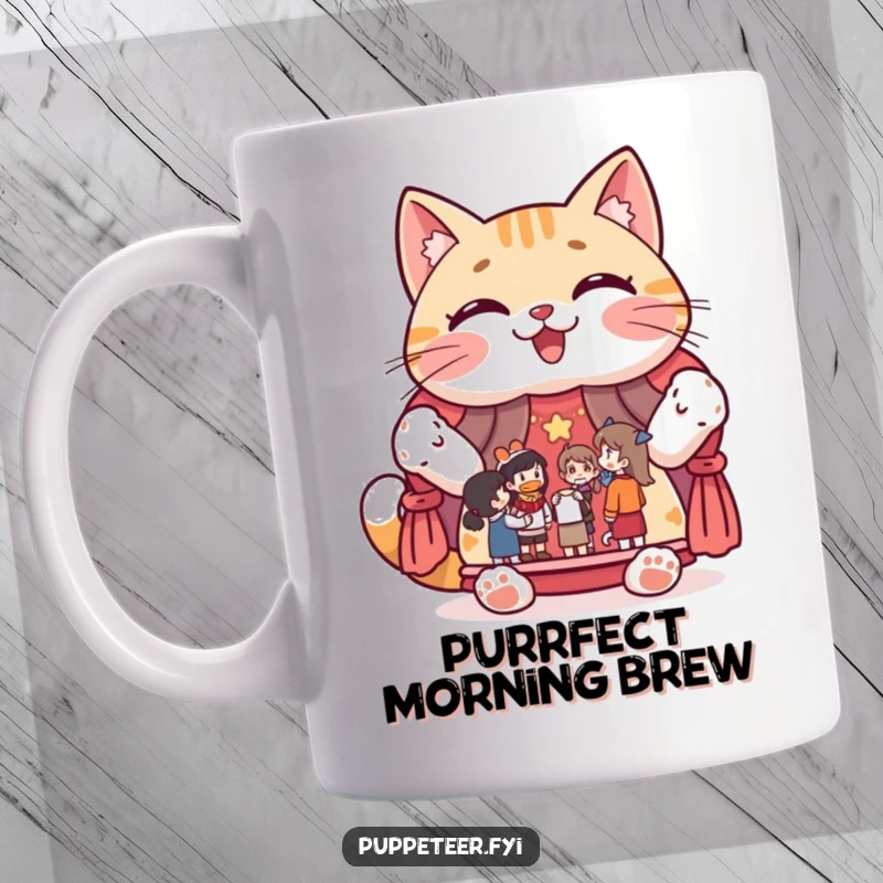 Funny mug showing a giggling cat character proudly displaying a puppet show stage with colorful figures, showcasing feline fun.