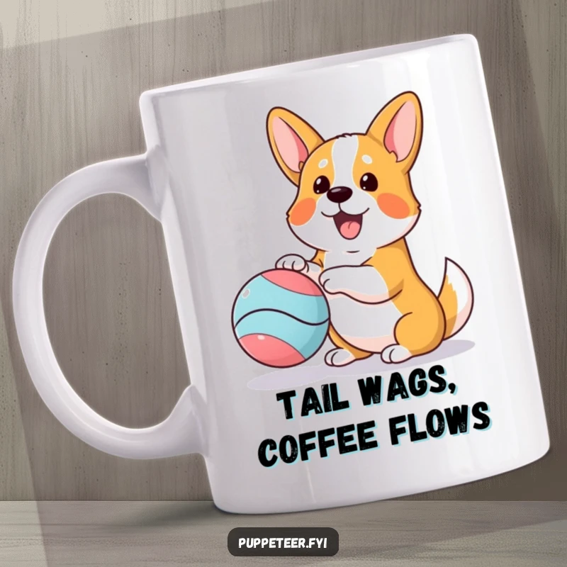 Funny corgi mug featuring a curious corgi wagging its tail and enthusiastically manipulating a bouncing ball puppet.