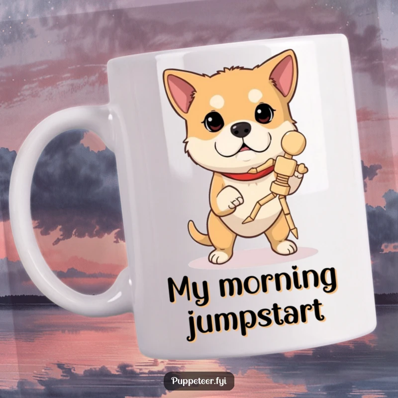 Funny dog marionette mug: a determined dog intensely concentrates, making a wooden marionette perform a challenging jump with skill.