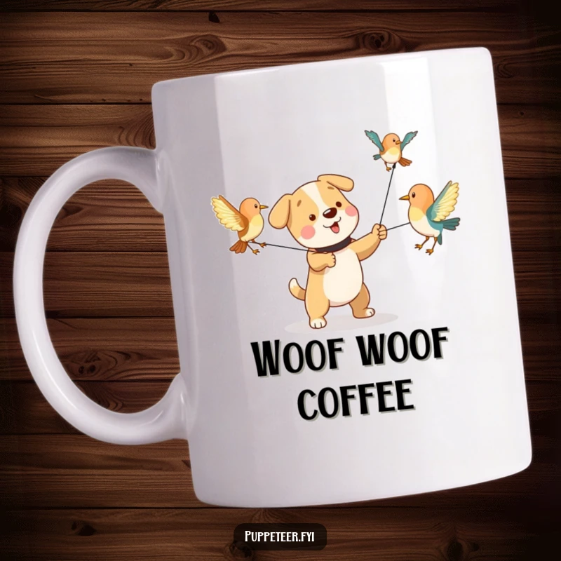 Funny mug showing a playful dog character pulling strings to make bird puppets flap their wings, energetic and amusing.