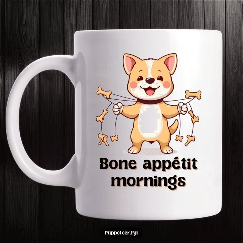 Funny proud dog mug holding multiple strings, commanding tiny bone-shaped puppets to march in a proud display.