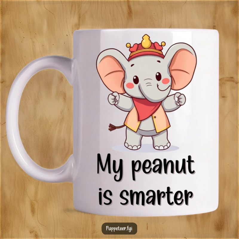 Funny mug showcasing a cheerful elephant puppet master skillfully directing a peanut puppet in a proud, marching pose, radiating pure joy.