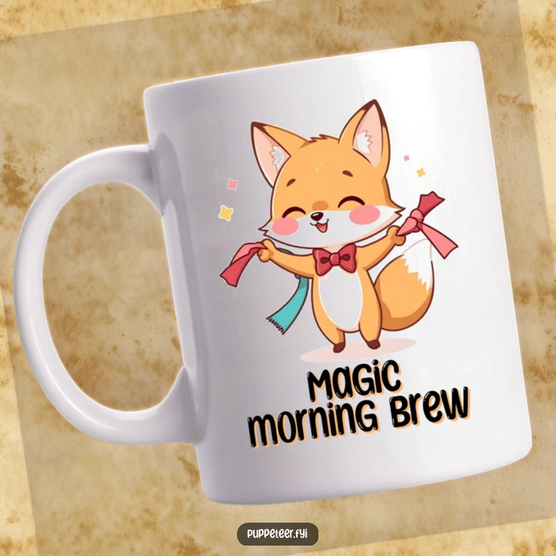 Funny fox character in a bowtie performing a dazzling magic trick with colorful scarves, embodying playful mystery.