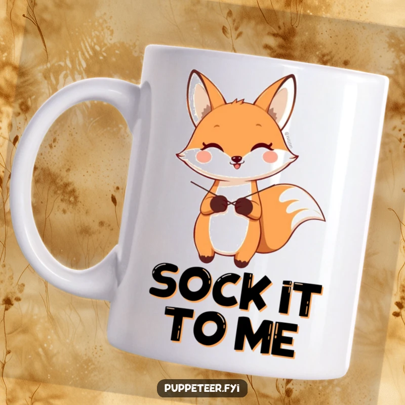 Funny mug showing a happy fox character holding crossed strings, making a sock puppet wave with a playful expression.