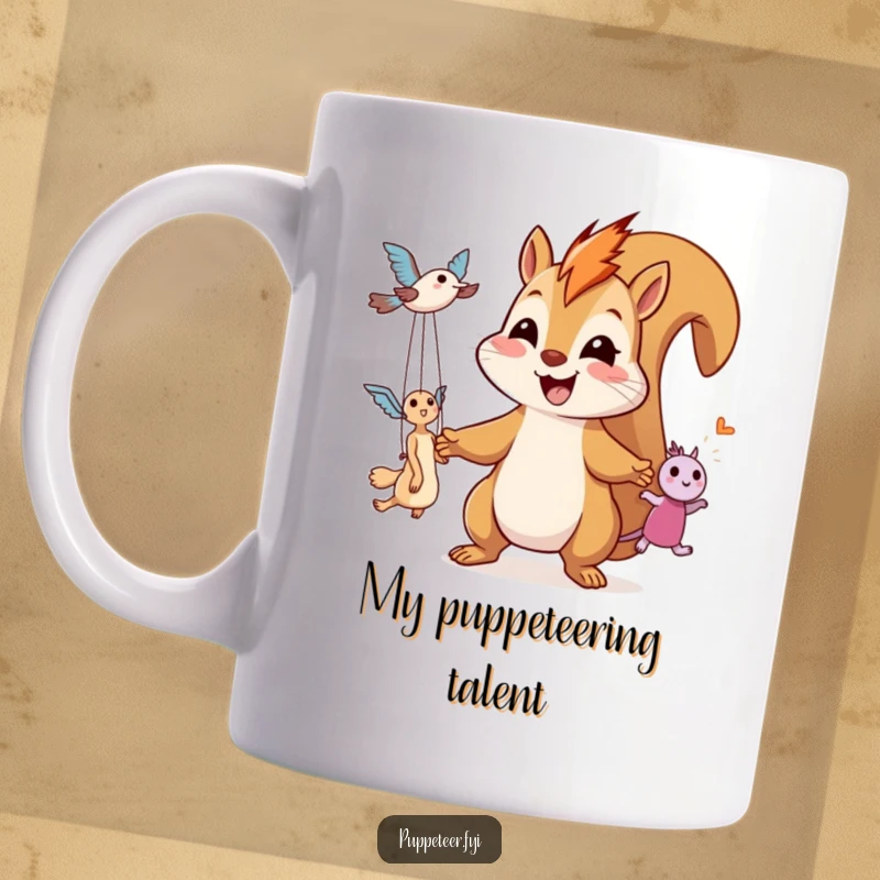 Funny mug shows a giggling squirrel expertly controlling two delighted flying puppets with strings, a mischievous grin on its face.