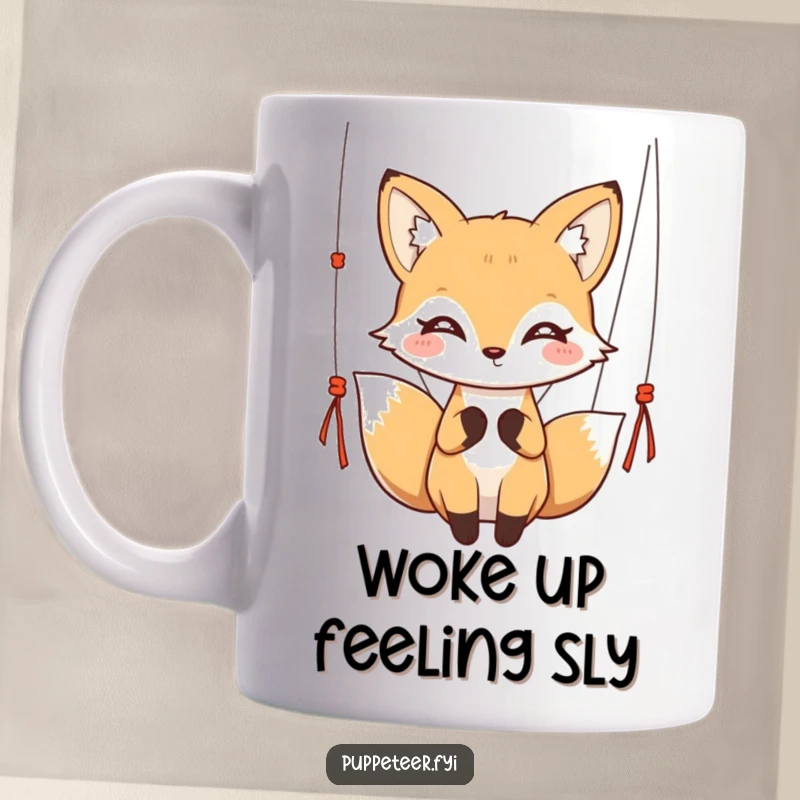 Funny kawaii fox with twinkling eyes gracefully holding puppet strings on a coffee mug, ideal for a funny gift.