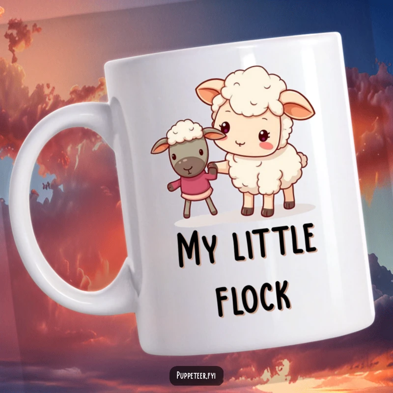 Funny mug featuring a kawaii sheep gently guiding a sheep puppet with its hoof, symbolizing gentle leadership.