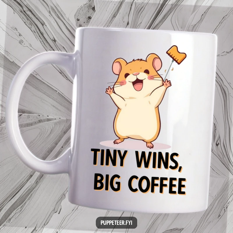 Funny mug art of a happy hamster skillfully making a hamster puppet perform a somersault, showcasing energetic fun.