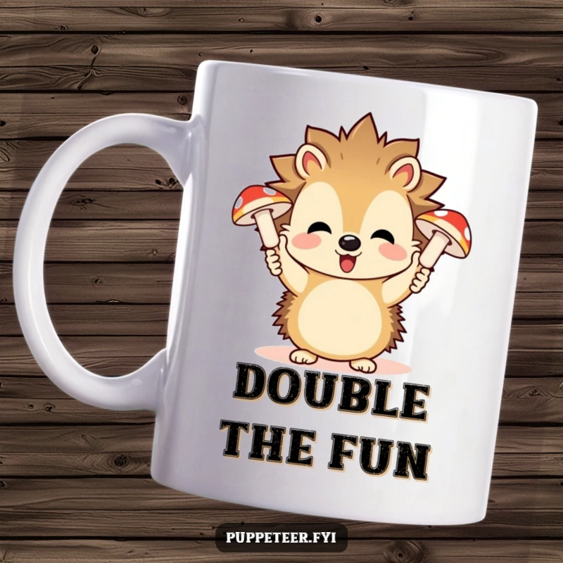 Funny hedgehog mug featuring a playful character controlling giggling mushroom puppets with each hand, radiating joy.