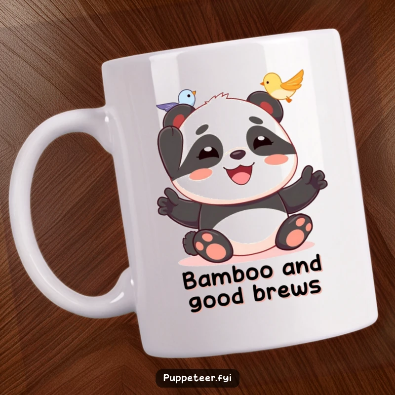 Funny panda mug featuring a joyful panda happily making a tiny bird puppet fly through the air with delight.
