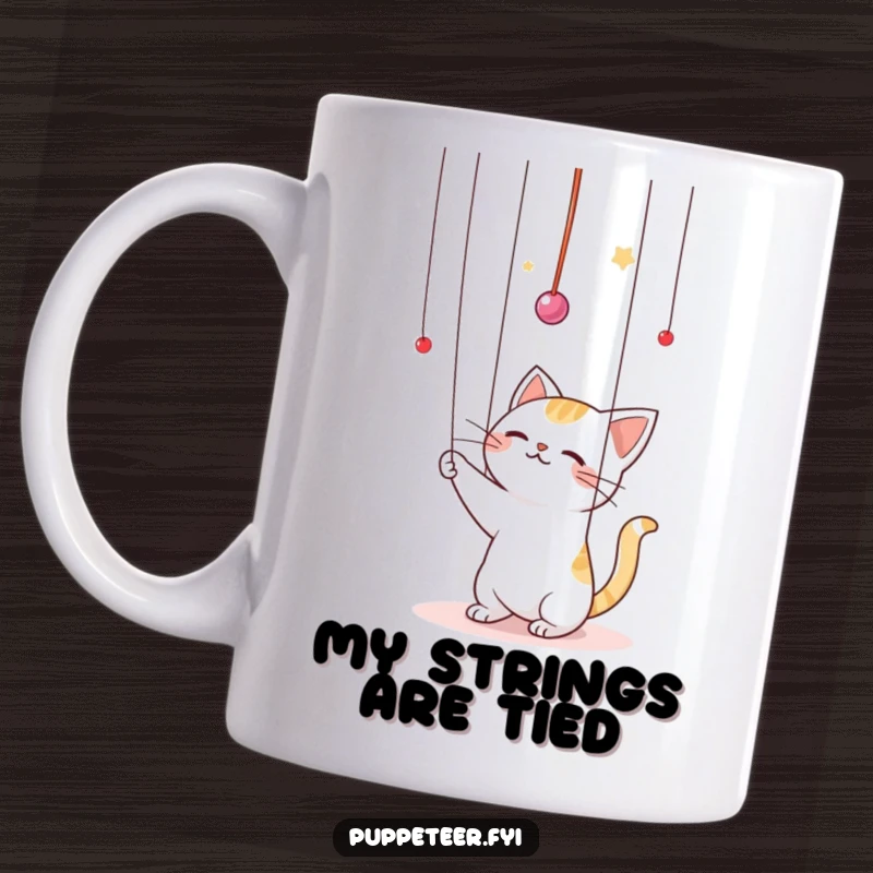 Funny Kawaii cat batting playfully at puppet strings in the air, a mischievous feline controlling invisible threads with joyous abandon.