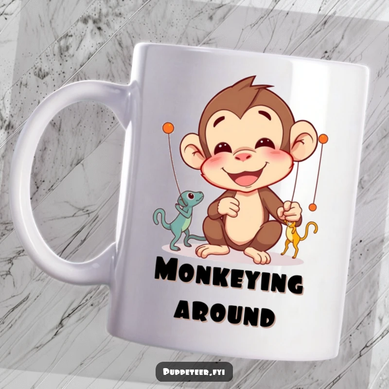 Funny Monkey Puppet Master Mug featuring a delighted monkey concentrating on the intricate movements of its puppets, a humorous gift.