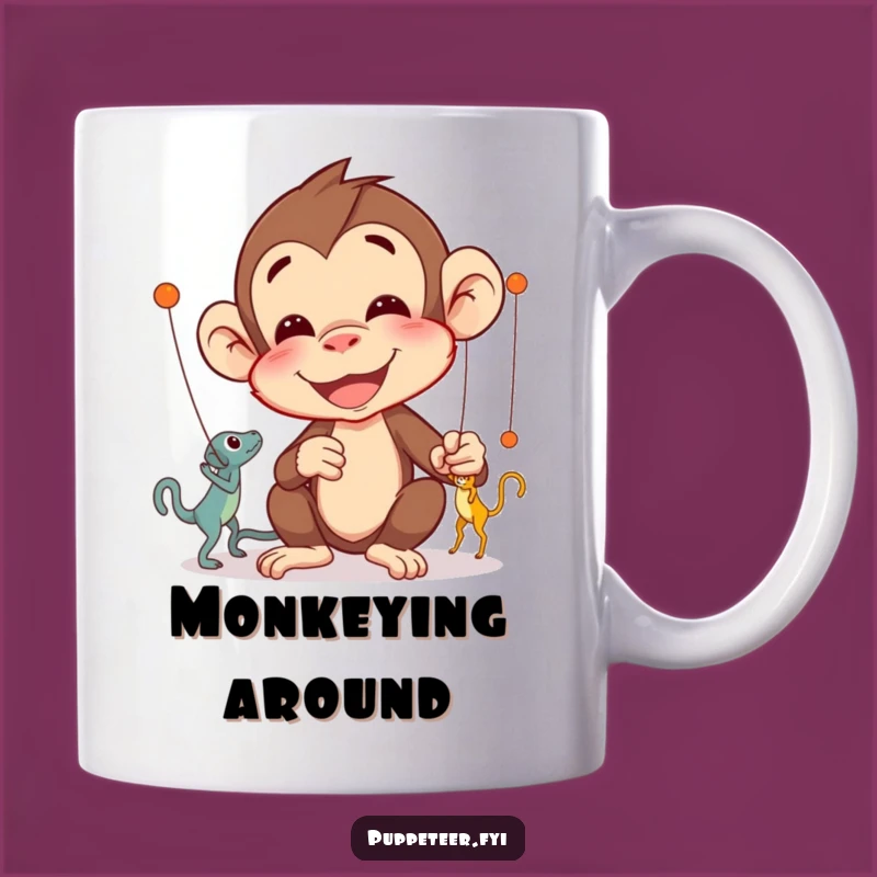 Funny Monkey Puppet Master Mug: Delighted Character's Intricate Puppet Control Gift