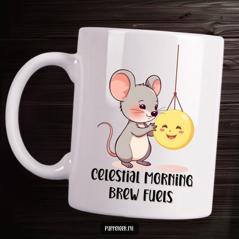 Funny mouse puppet master mug, carefully adjusting strings of a tiny, smiling moon puppet, evoking creativity and wonder.