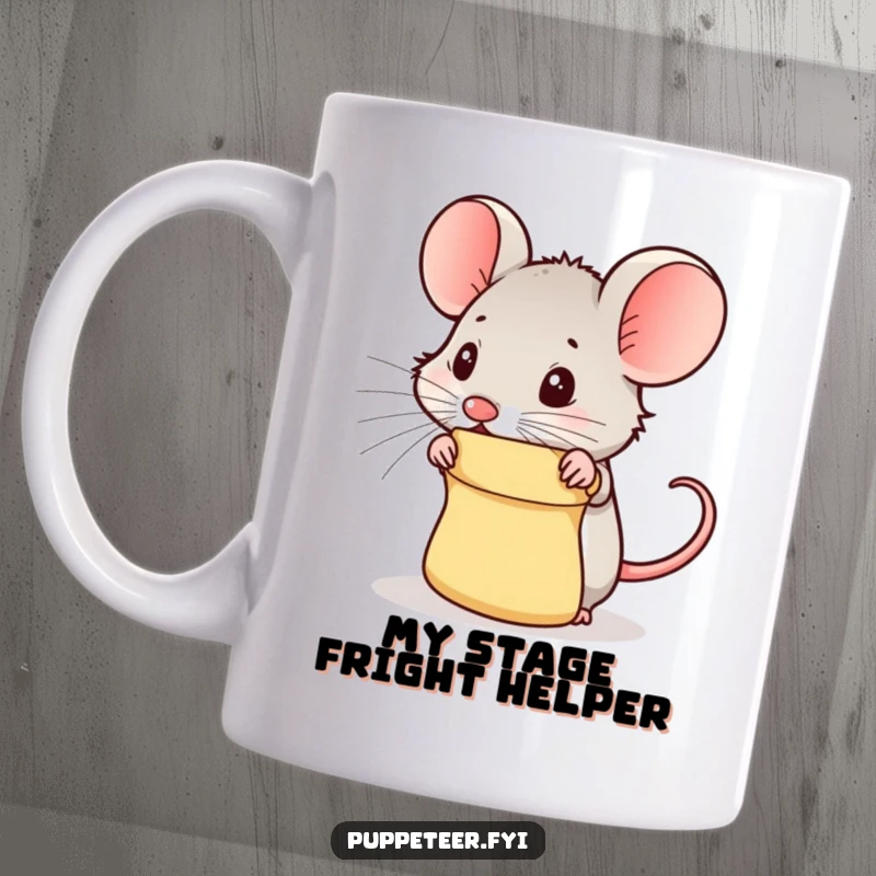 Funny mouse peeking from behind a puppet on a mug, a charming and humorous scene for a delightful gift.