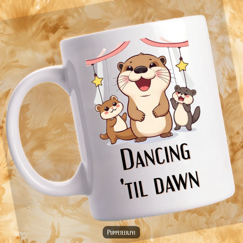 Funny mug of a jolly otter with a wide grin, enthusiastically making animal puppets dance.