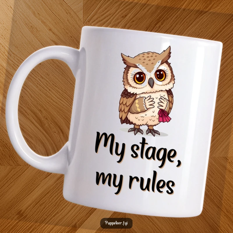 Funny owl watches wisely as a small, handcrafted puppet takes a triumphant bow, showcasing performing arts humor.