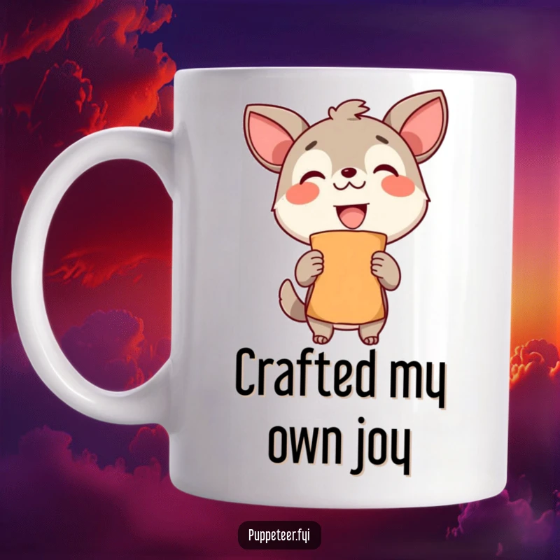 Funny Mug: A delighted animal beams with pride, holding up a completed puppet with a triumphant grin, showcasing handmade joy.