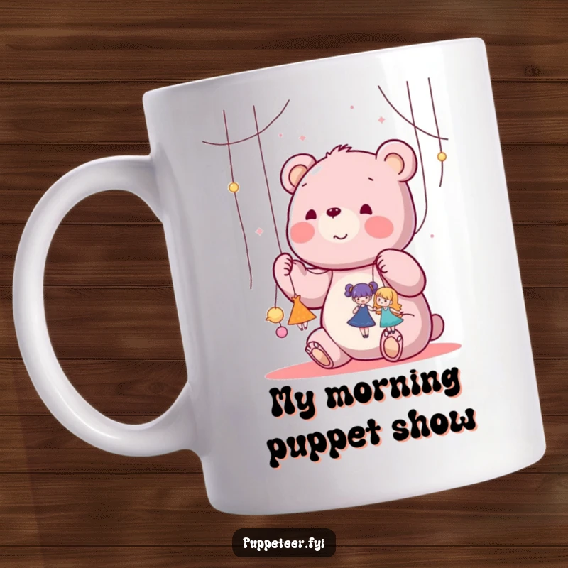 Funny kawaii bear happily manipulating strings attached to tiny dancing puppets on a coffee mug, perfect for a funny gift.