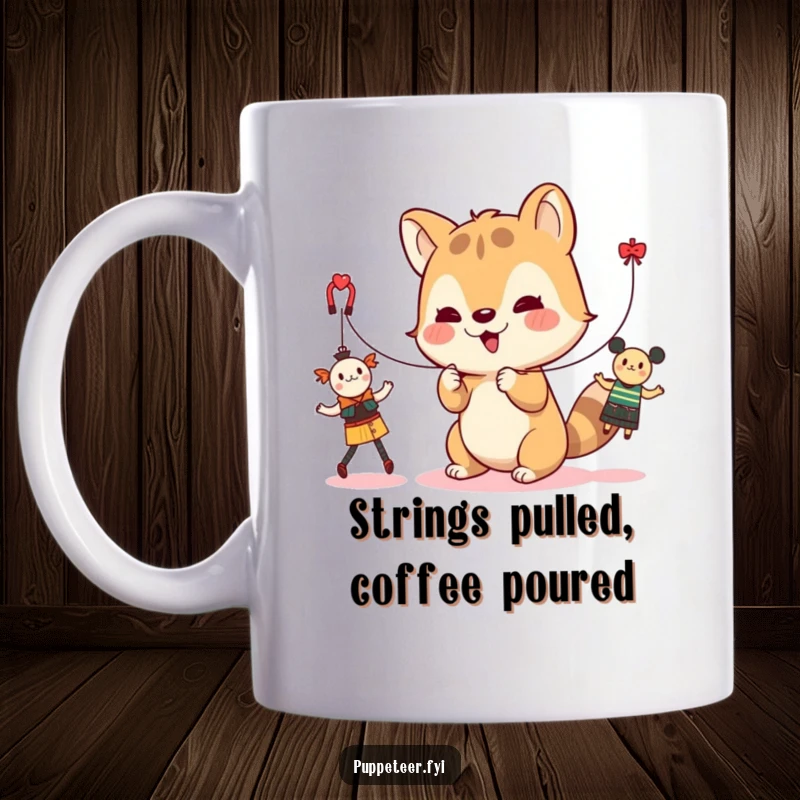 Funny mug featuring a cute animal character playfully manipulating strings to make dancing toys move, showcasing whimsical control.