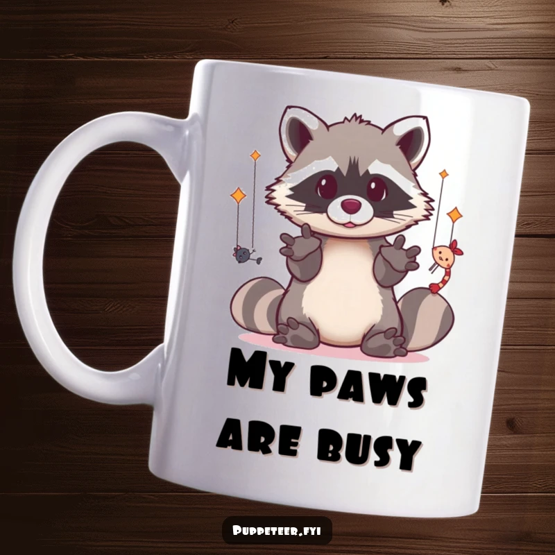 Funny mug featuring a kawaii raccoon with dexterous paws skillfully manipulating several puppets.
