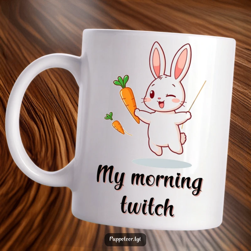 Funny mug showing a winking rabbit puppet master using invisible strings to make a carrot puppet perform a lively dance.