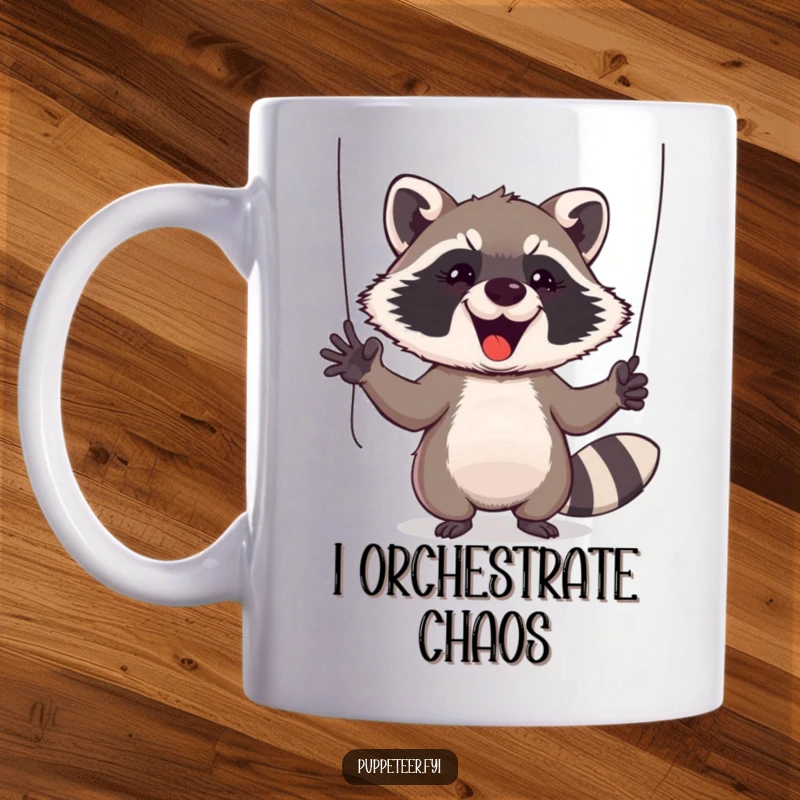 Funny Raccoon Mug: Cheeky raccoon controller gestures wildly with puppet strings, showcasing mischievous fun and woodland humor.
