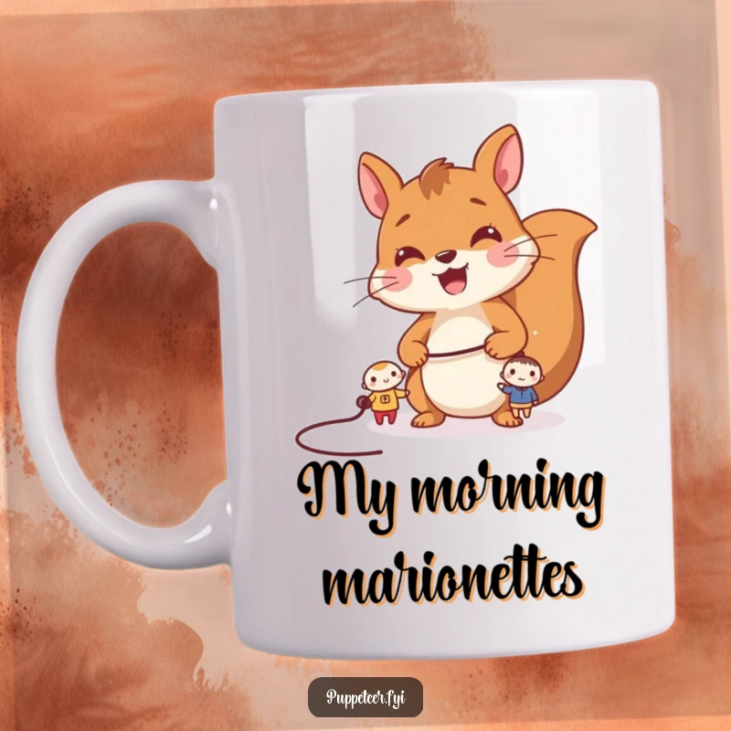 Funny squirrel puppet master mug, a cheerful squirrel expertly controlling two small characters with a long string, showing playful dominance.
