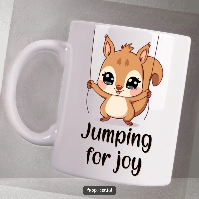 Funny Squirrel Puppet Master Mug featuring a playful squirrel with wide eyes, pulling strings to make a puppet jump, a humorous gift.