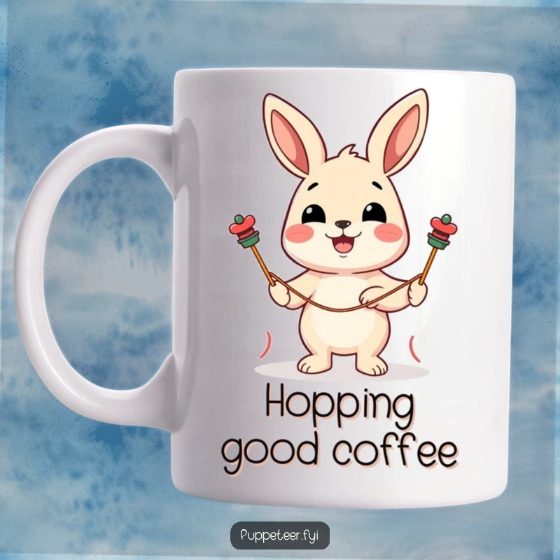 Funny mug showing a cheerful rabbit character with a delighted expression, guiding two string puppets with glee.