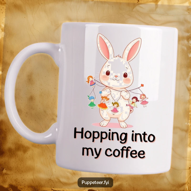 Funny kawaii rabbit holding multiple strings, making small dolls dance on a coffee mug, ideal for a funny gift.